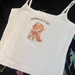White Tank Top with Cute Kitten Graphic